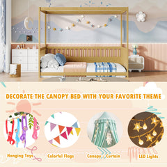 Bellemave® Full Size Canopy Bed Frame with 4 Posters and Guardrails, Full Size Montessori Floor Bed with High Fence, Natural Bellemave®