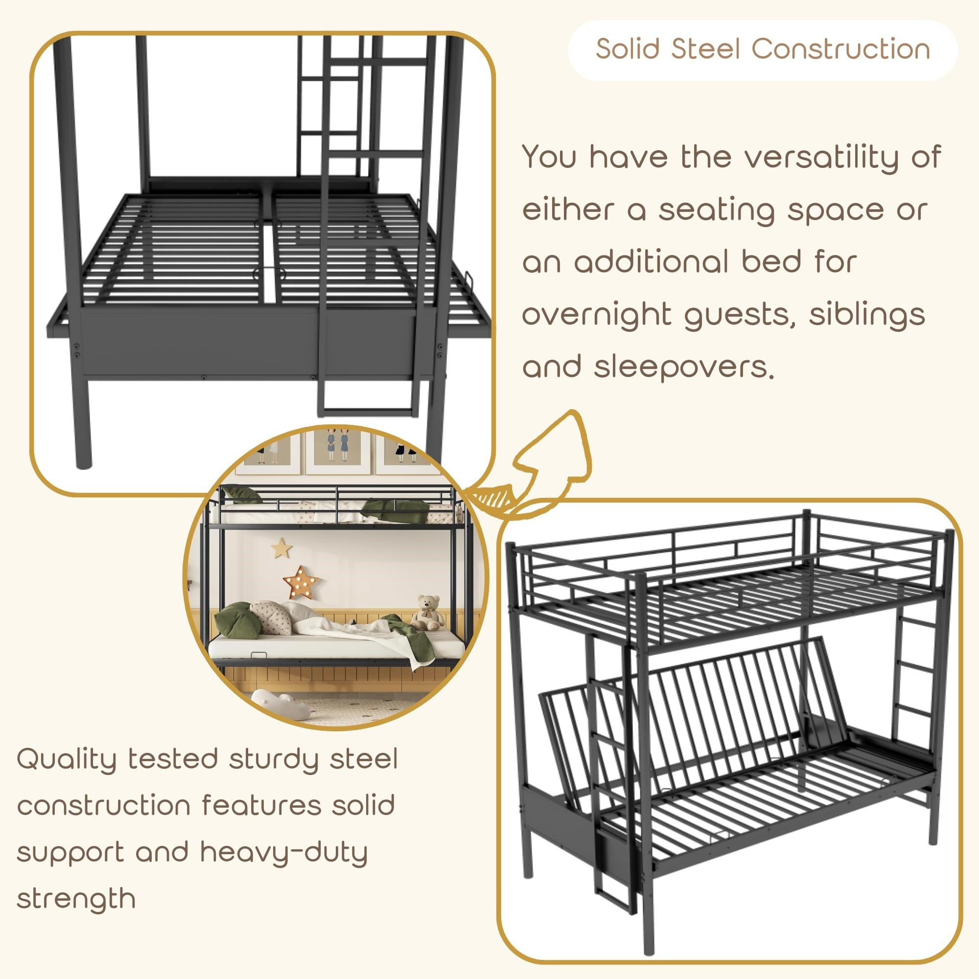 Bellemave Twin Over Full Metal Bunk Bed with Two Side Ladders & Guardrail, Bottom Full Size Bunk Bed Can be Converted into Futon/Seat(Black) Bellemave