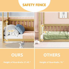 Bellemave® Full Size Canopy Bed Frame with 4 Posters and Guardrails, Full Size Montessori Floor Bed with High Fence, Natural Bellemave®