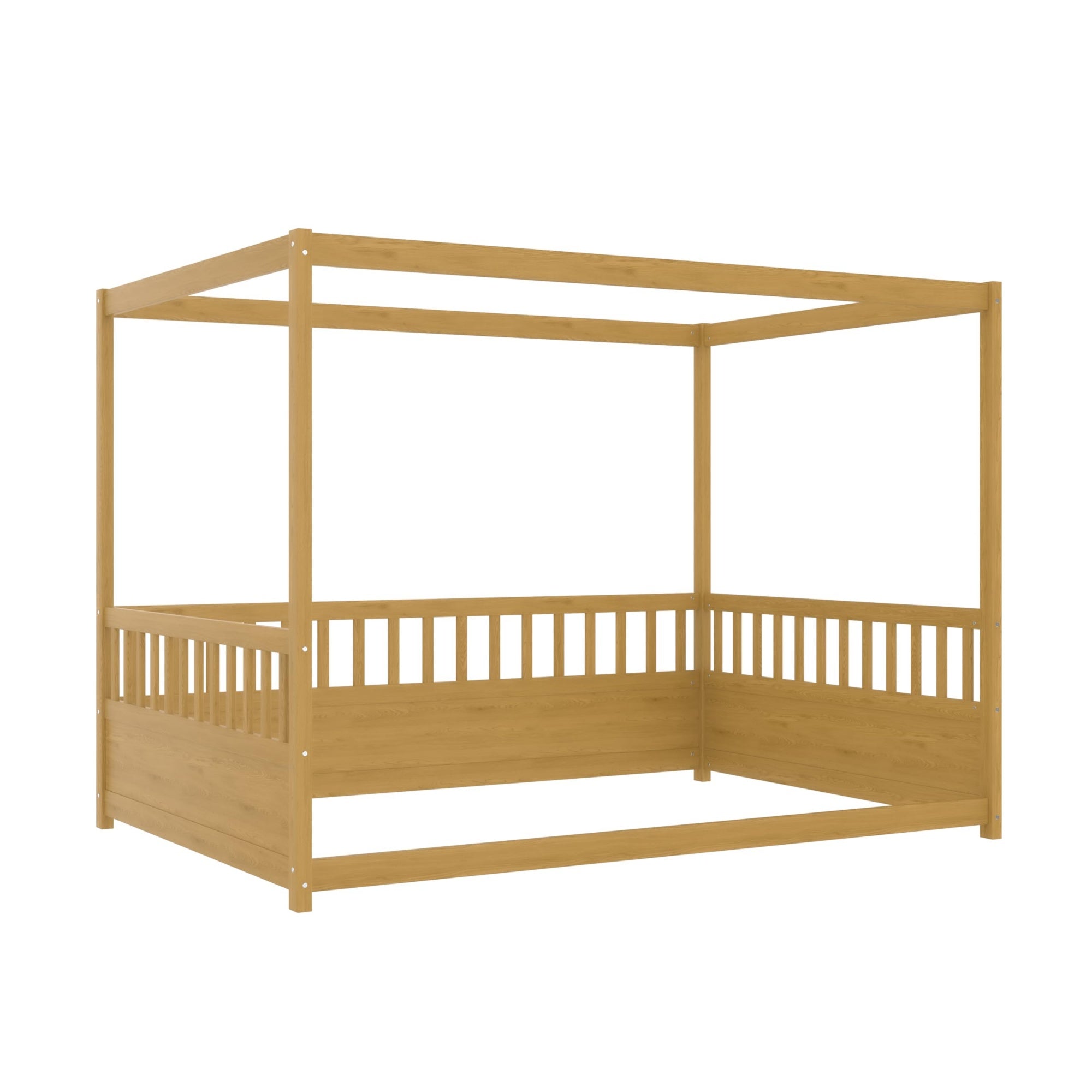 Bellemave® Full Size Canopy Bed Frame with 4 Posters and Guardrails, Full Size Montessori Floor Bed with High Fence, Natural Bellemave®
