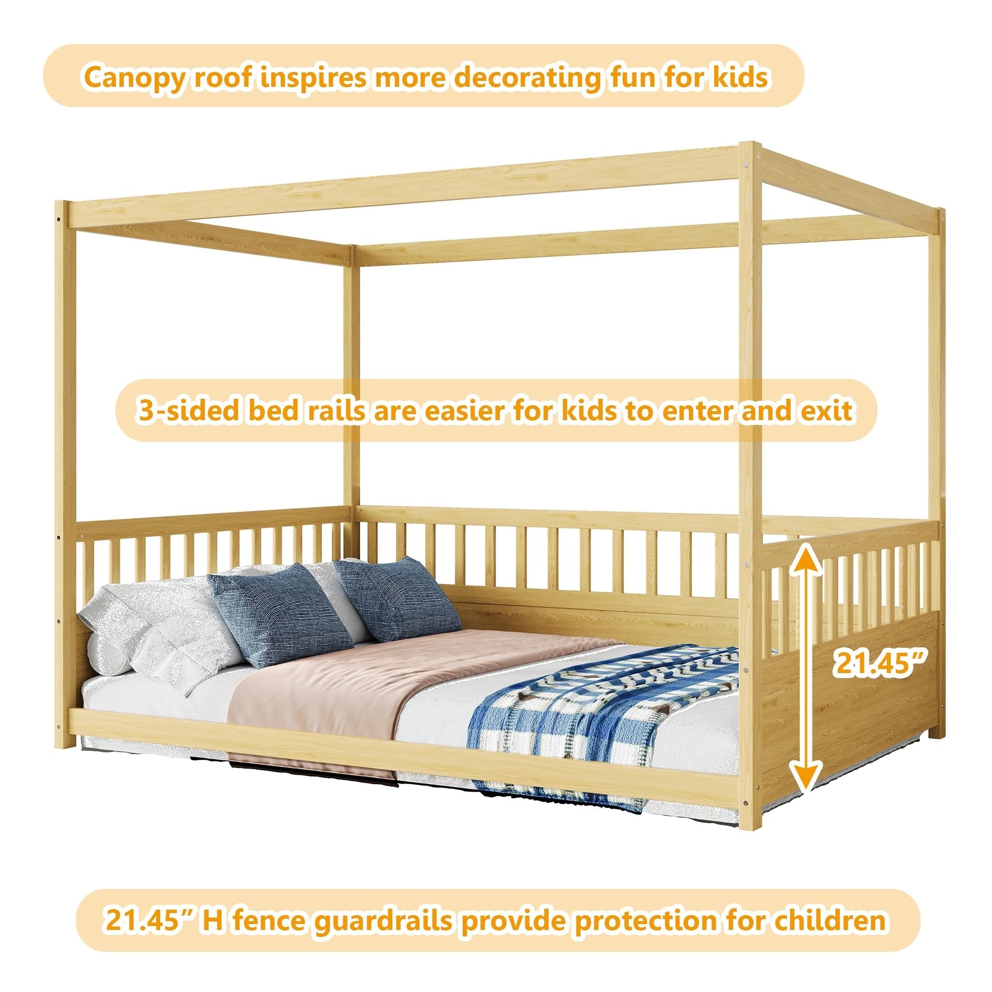 Bellemave® Full Size Canopy Bed Frame with 4 Posters and Guardrails, Full Size Montessori Floor Bed with High Fence, Natural Bellemave®