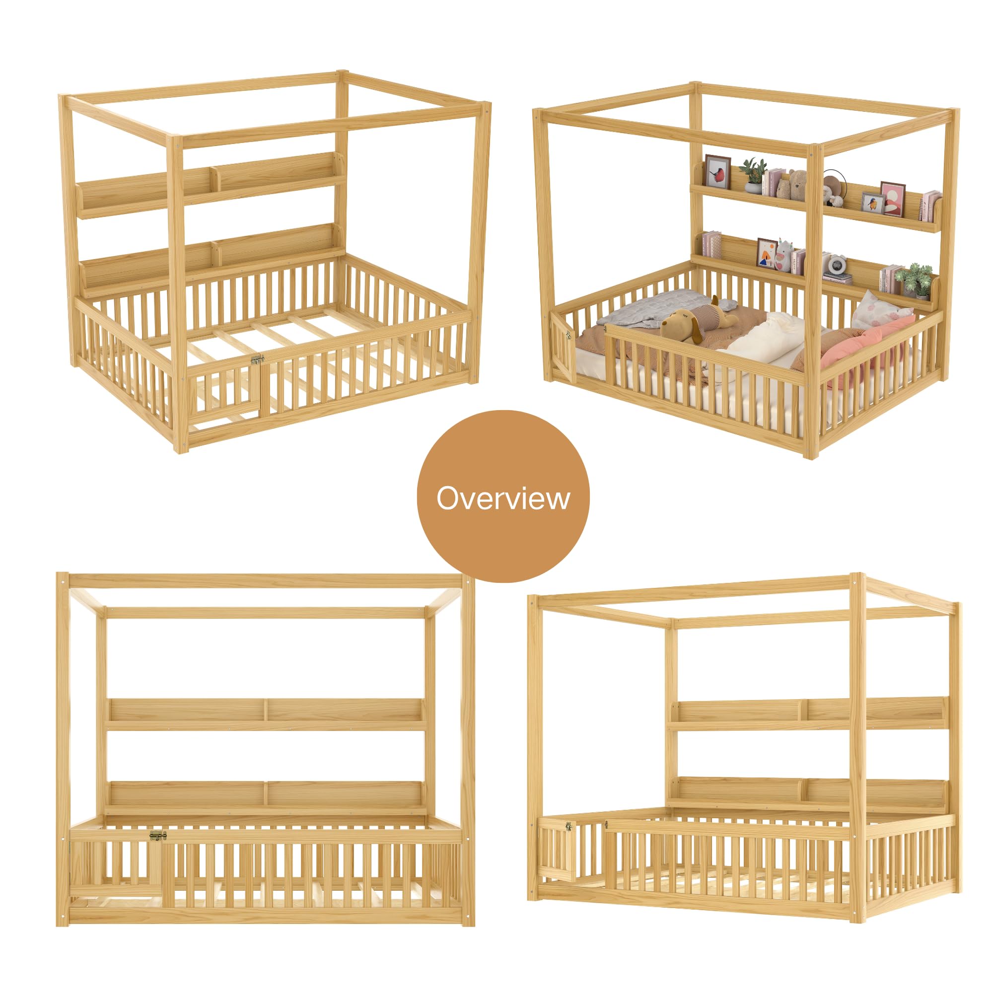 Bellemave® Full Size Canopy Bed with Guardrails and Support Slats, Solid Wood Canopy Floor Bed with Storage Shelves, Canopy Beds Frame for Kids, Teens, Adults, No Box Spring Needed, Nature Bellemave®