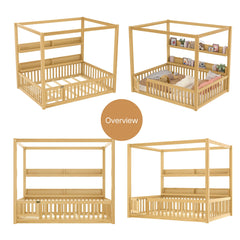 Bellemave® Full Size Canopy Bed with Guardrails and Support Slats, Solid Wood Canopy Floor Bed with Storage Shelves, Canopy Beds Frame for Kids, Teens, Adults, No Box Spring Needed, Nature Bellemave®