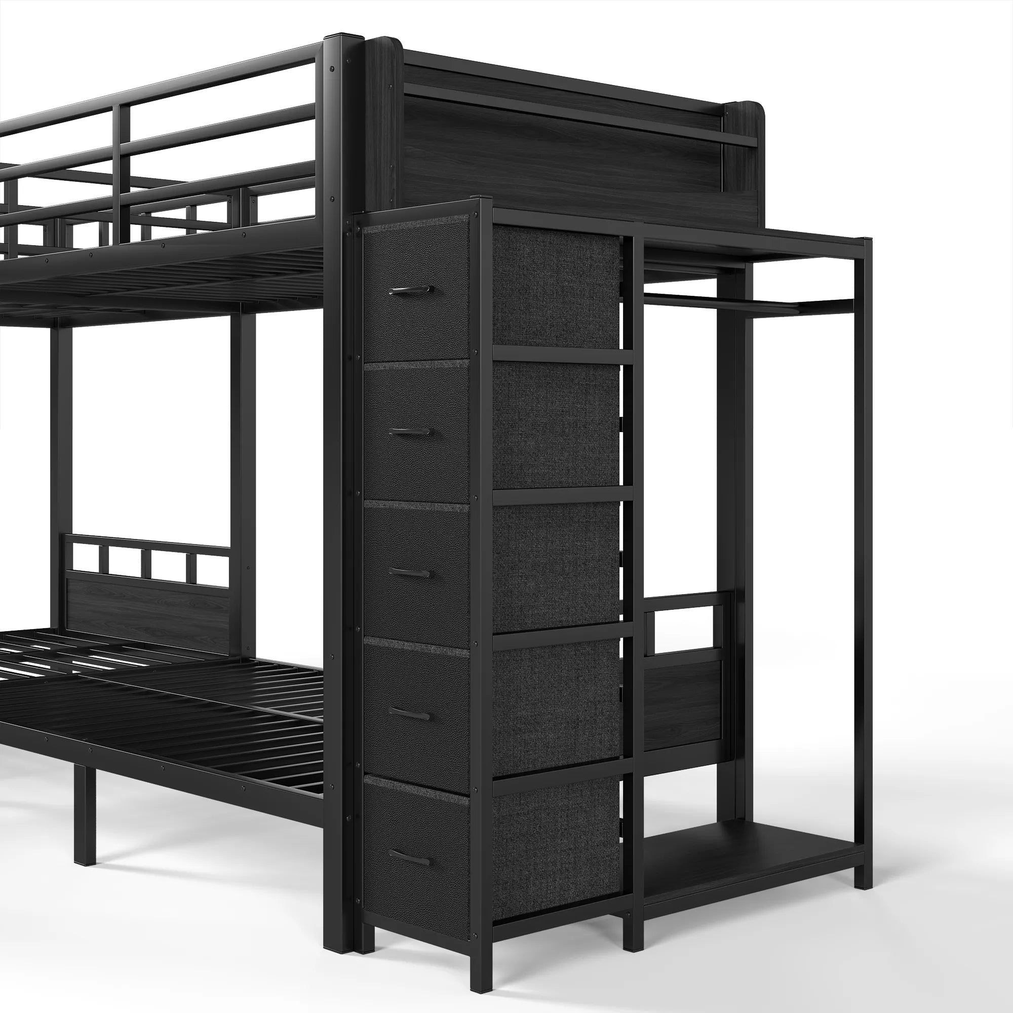 black metal bunk bed side view with storage drawers and cabinet