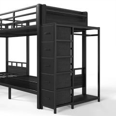 black metal bunk bed side view with storage drawers and cabinet