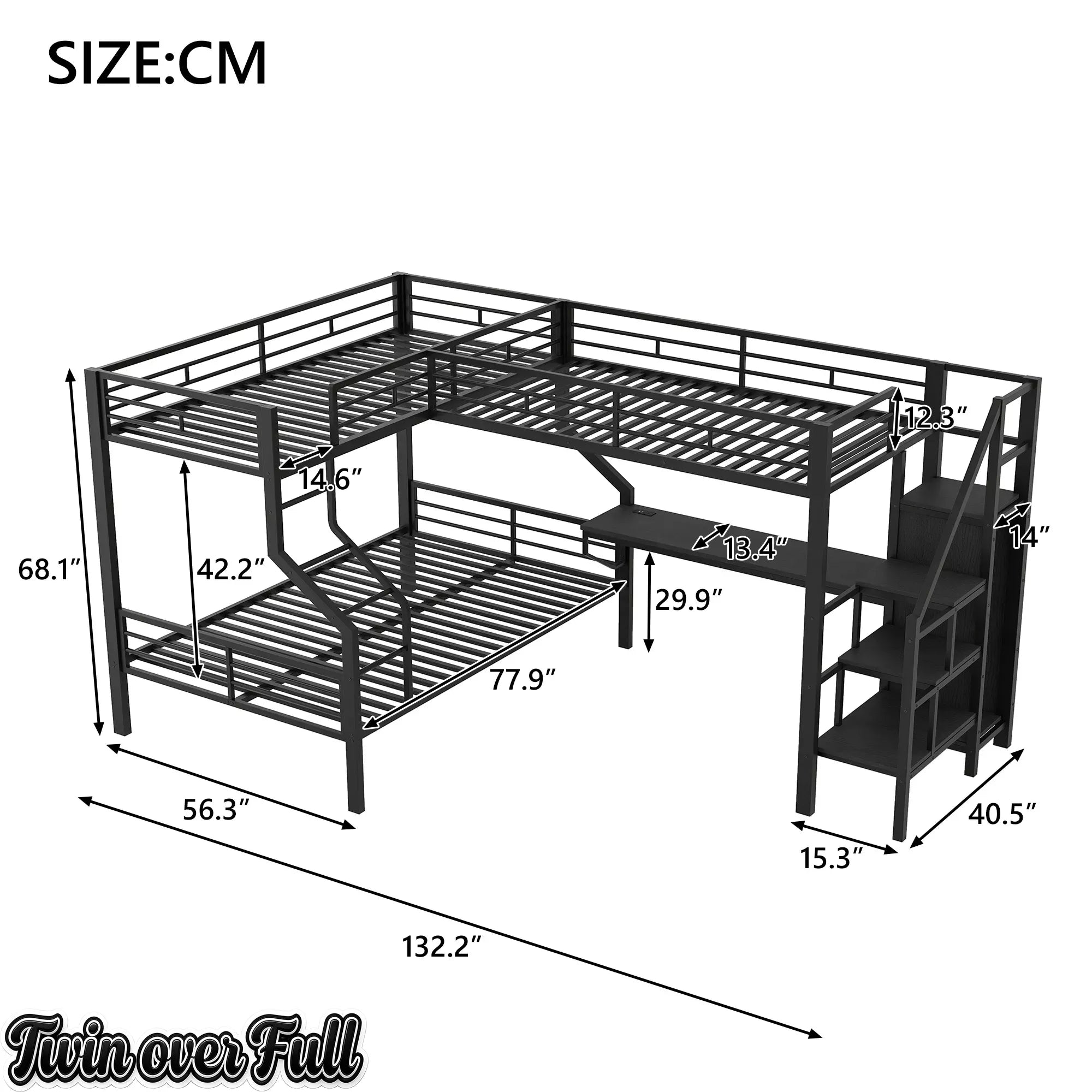 Bellemave® L-Shaped Triple Bunk Bed with Storage Stairs, Twin Over Twin Over Full Bunk Bed with Desk, USB Ports, Wardrobe, Heavy-Duty Metal Corner Bunk Beds for 3 Kids, Noise Free, Black Bellemave®