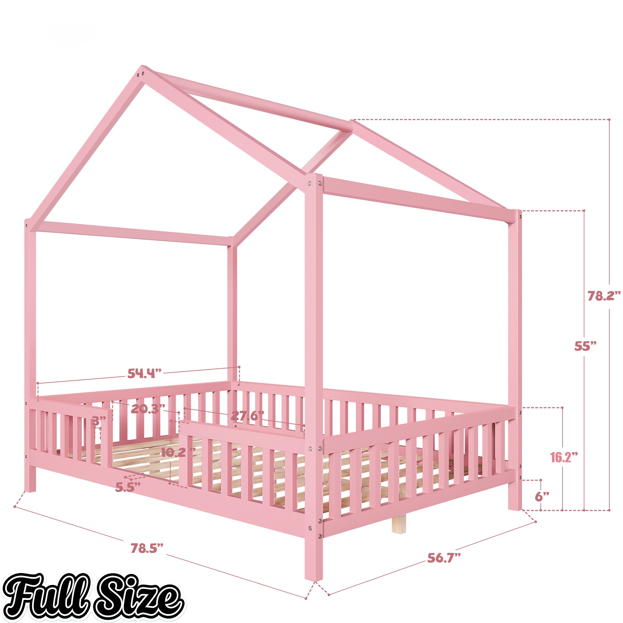 Bellemave® Twin House BedFrame with Canopy, Montessori Floor Bed, House Bed with Rails for Kids, Natural Bellemave®