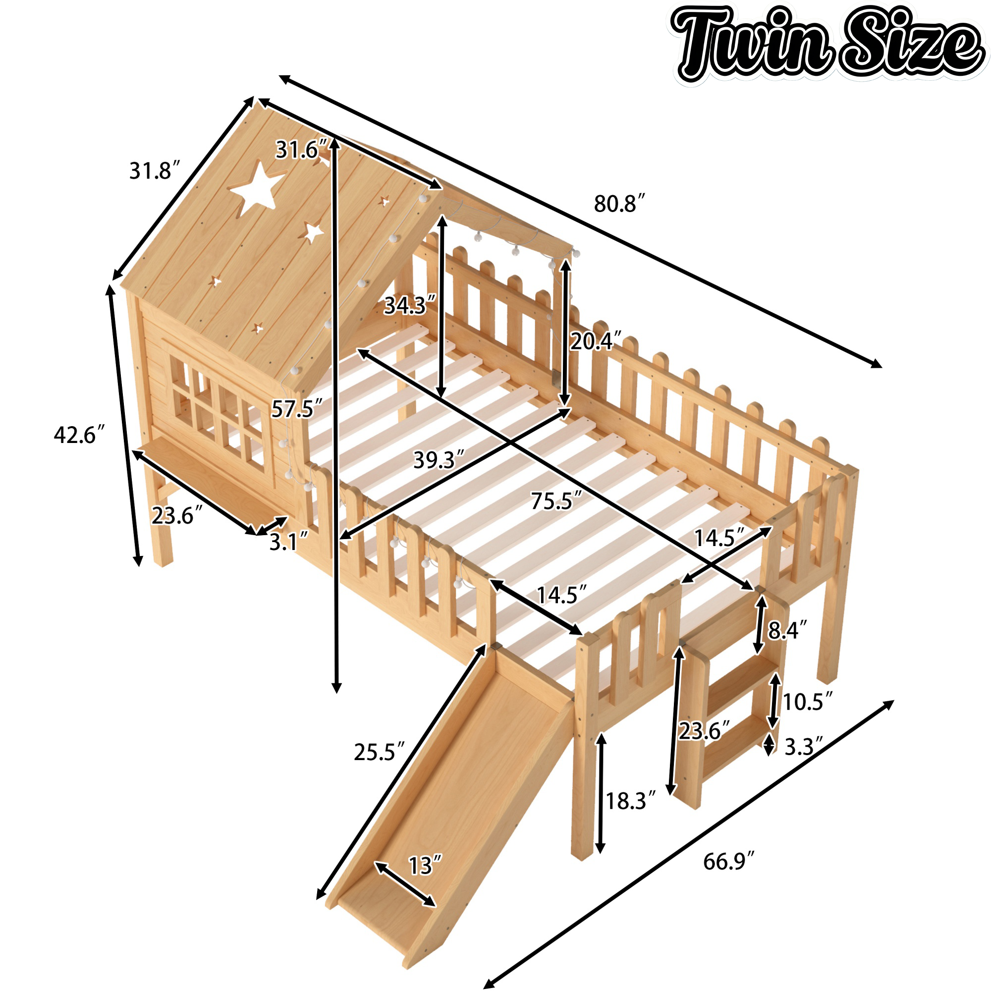 Bellemave® Full Size Kids Low Loft Bed with Slide,House Loft Bed with LED Lights and Ladder,Solid Wood Girls Loft Bed Frame with Safety Guardrails for Girls Boys,Natural Bellemave®