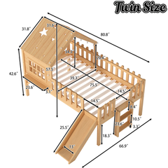 Bellemave® Full Size Kids Low Loft Bed with Slide,House Loft Bed with LED Lights and Ladder,Solid Wood Girls Loft Bed Frame with Safety Guardrails for Girls Boys,Natural Bellemave®