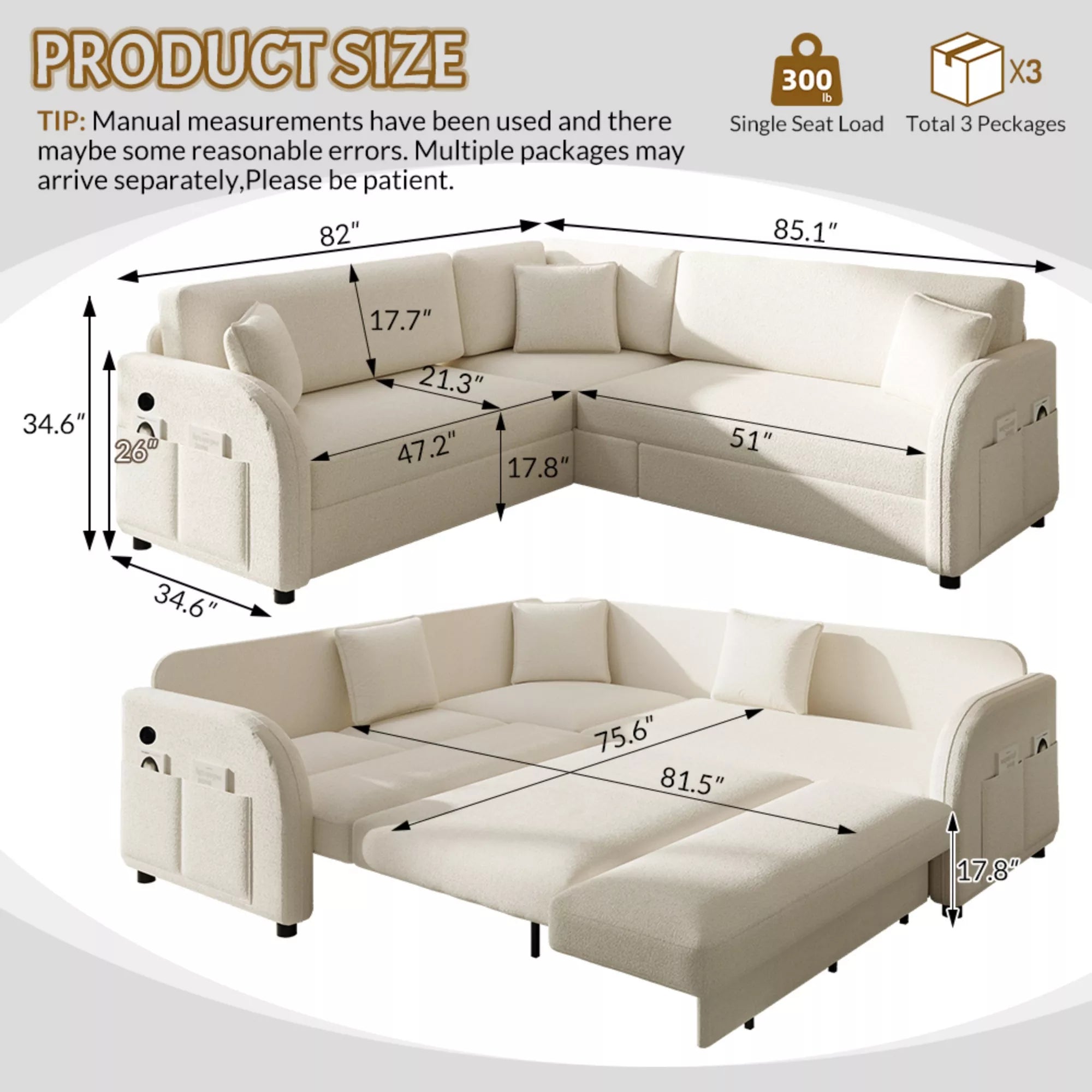 85.1 inch L shaped sleeper sofa dimensions with pull out bed and reversible chaise