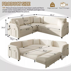 85.1 inch L shaped sleeper sofa dimensions with pull out bed and reversible chaise