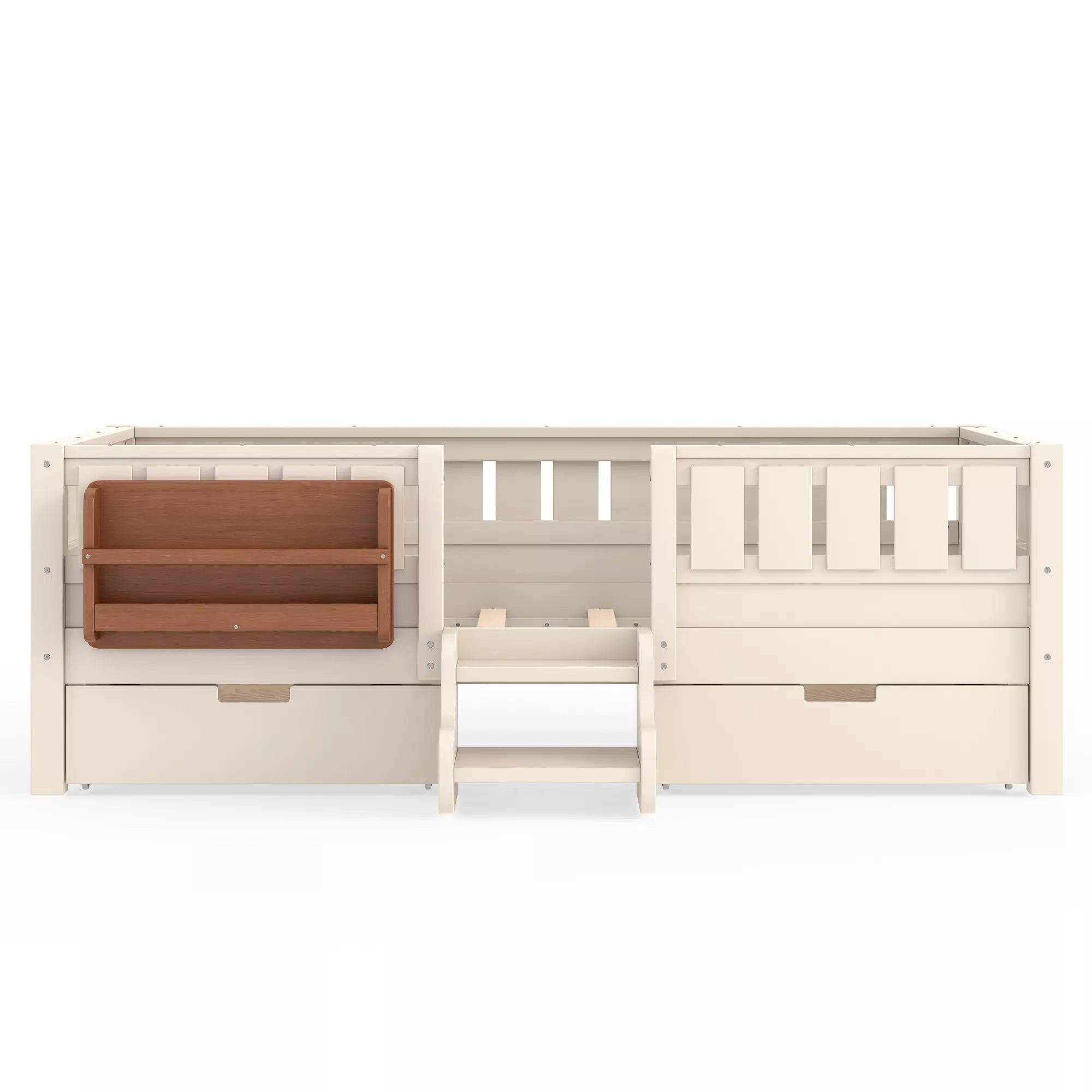 Bellemave® Montessori Bed with Stairs, Rails & Slats, Montessori Floor Bed with Bookshelf & 2 Storage Drawers for Girls & Boys Bellemave®