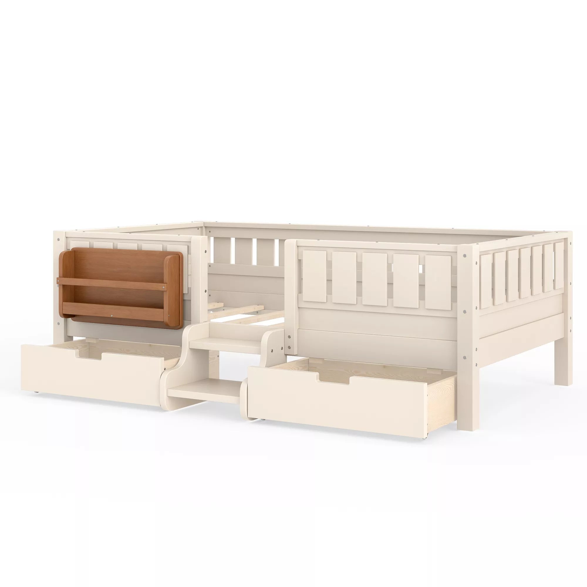 Bellemave® Montessori Bed with Stairs, Rails & Slats, Montessori Floor Bed with Bookshelf & 2 Storage Drawers for Girls & Boys Bellemave®