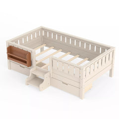Bellemave® Montessori Bed with Stairs, Rails & Slats, Montessori Floor Bed with Bookshelf & 2 Storage Drawers for Girls & Boys Bellemave®