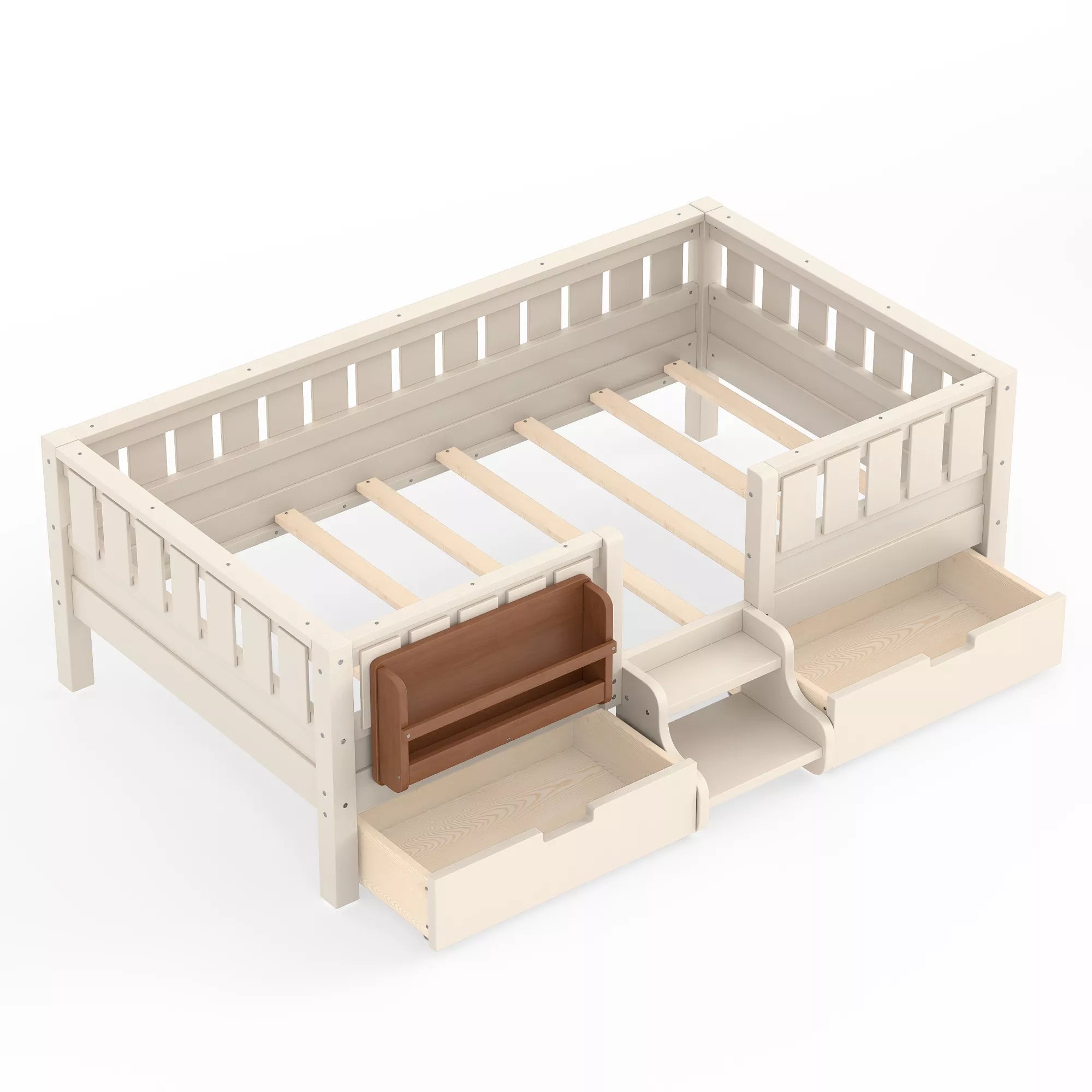 Bellemave® Montessori Bed with Stairs, Rails & Slats, Montessori Floor Bed with Bookshelf & 2 Storage Drawers for Girls & Boys Bellemave®