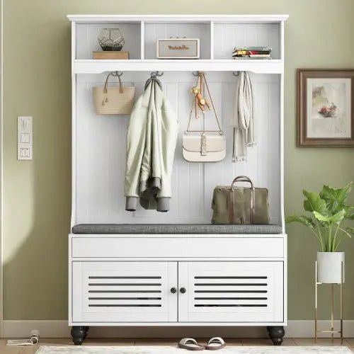 Bellemave® 5 - in - 1 Coat Rack with Shutter - shaped doors, Coat Rack, Cushion and 4 Sturdy Hooks,47.2'' Wide Hall Tree - Bellemave