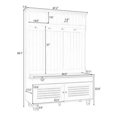 Bellemave® 5 - in - 1 Coat Rack with Shutter - shaped doors, Coat Rack, Cushion and 4 Sturdy Hooks,47.2'' Wide Hall Tree - Bellemave
