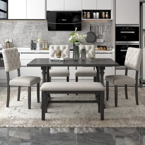 Bellemave® 60" 6 - Piece Dining Table and Chair Set with Special - shaped Legs and Foam - covered Seat Backs&Cushions - Bellemave