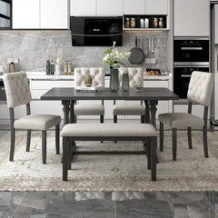 Bellemave® 60" 6 - Piece Dining Table and Chair Set with Special - shaped Legs and Foam - covered Seat Backs&Cushions - Bellemave
