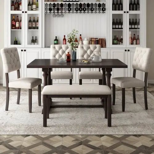 Bellemave® 60" 6 - Piece Dining Table and Chair Set with Special - shaped Legs and Foam - covered Seat Backs&Cushions - Bellemave