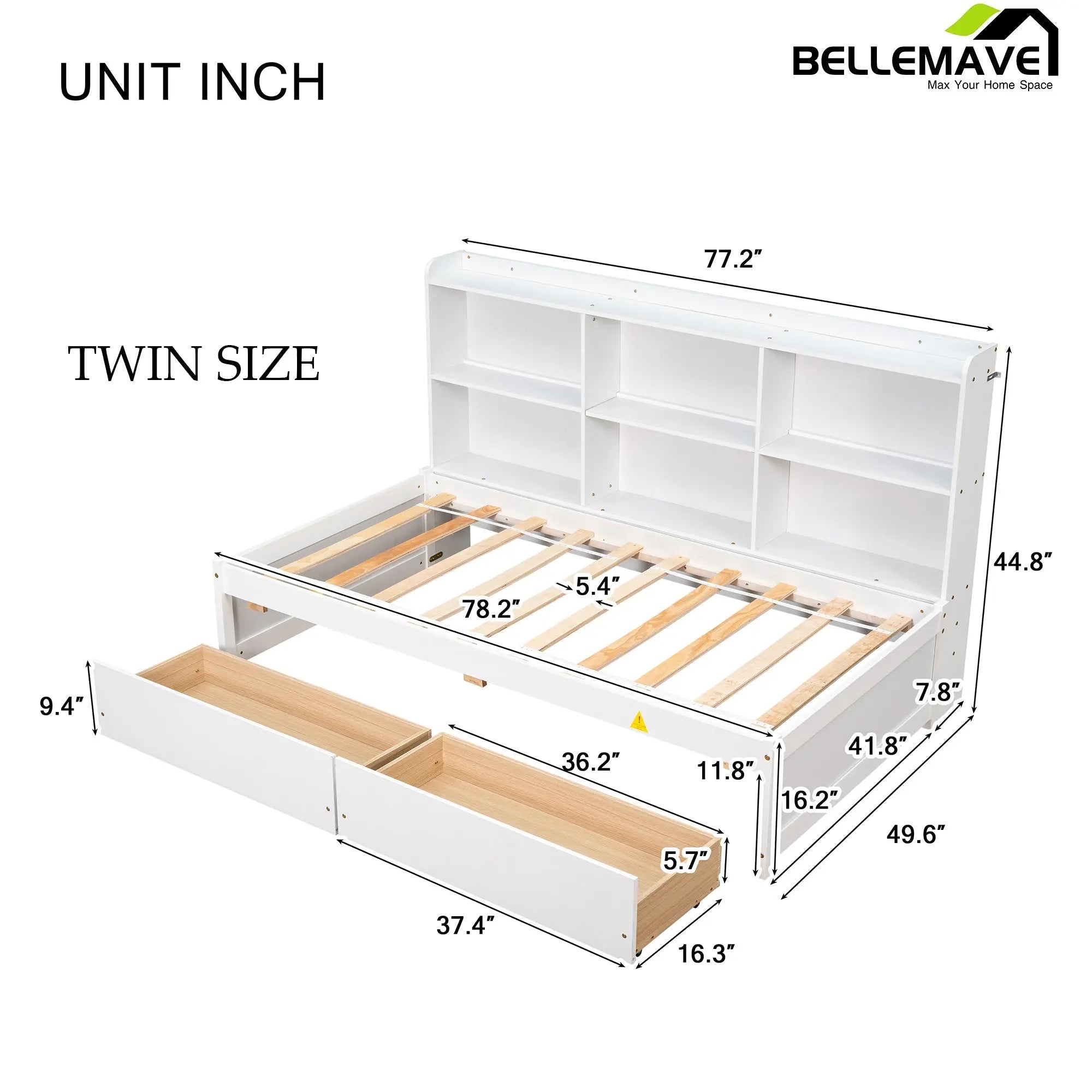 Bellemave Bed with Side Bookcase, Drawers - Bellemave