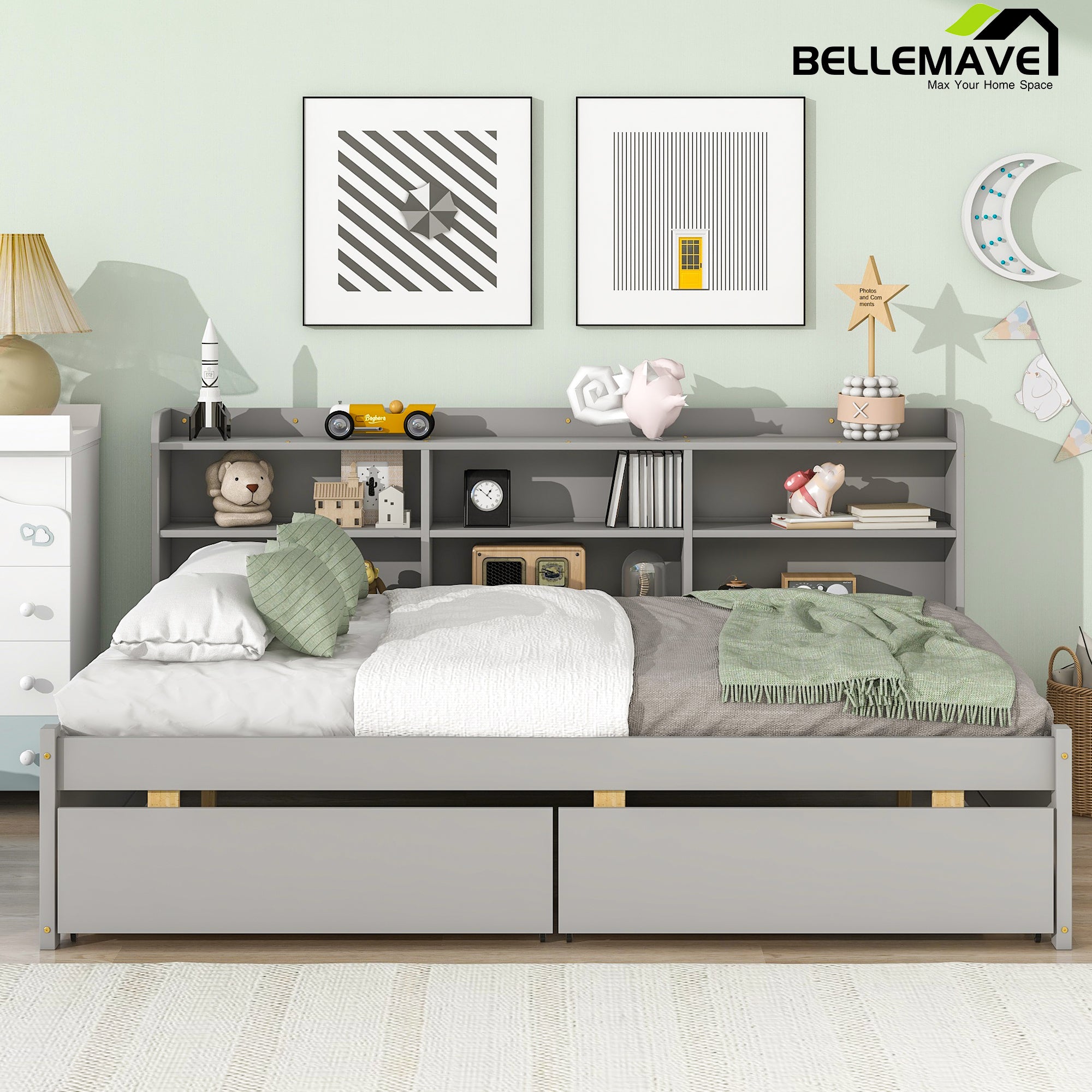 Bellemave Bed with Side Bookcase, Drawers - Bellemave