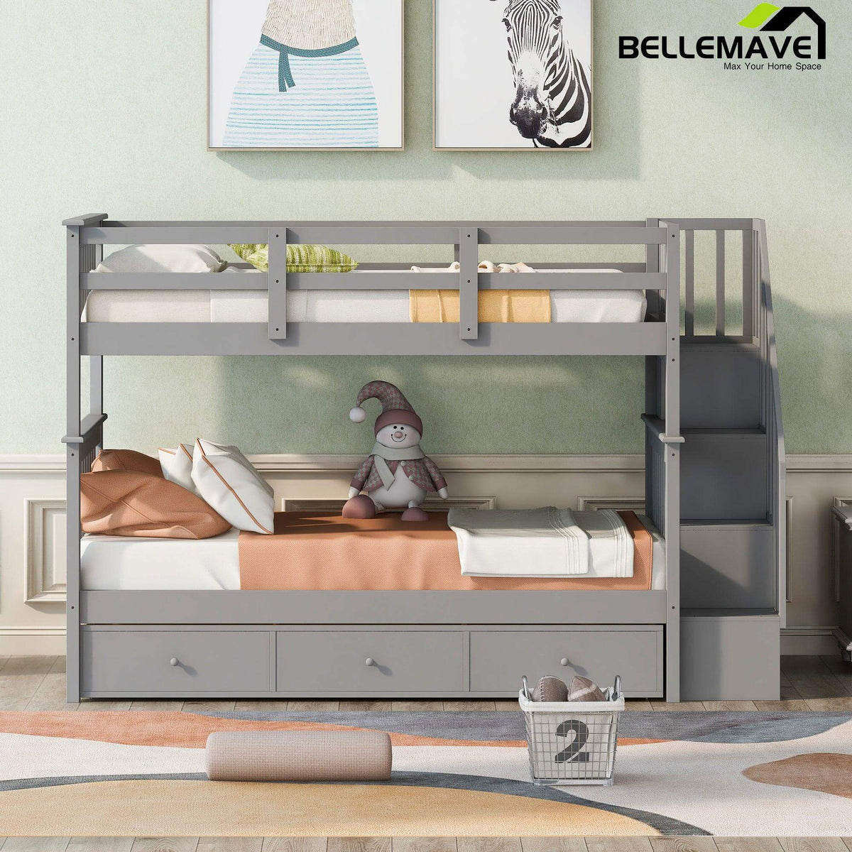 Bellemave® Bunk Bed with 3 Drawers and Stairs - Bellemave