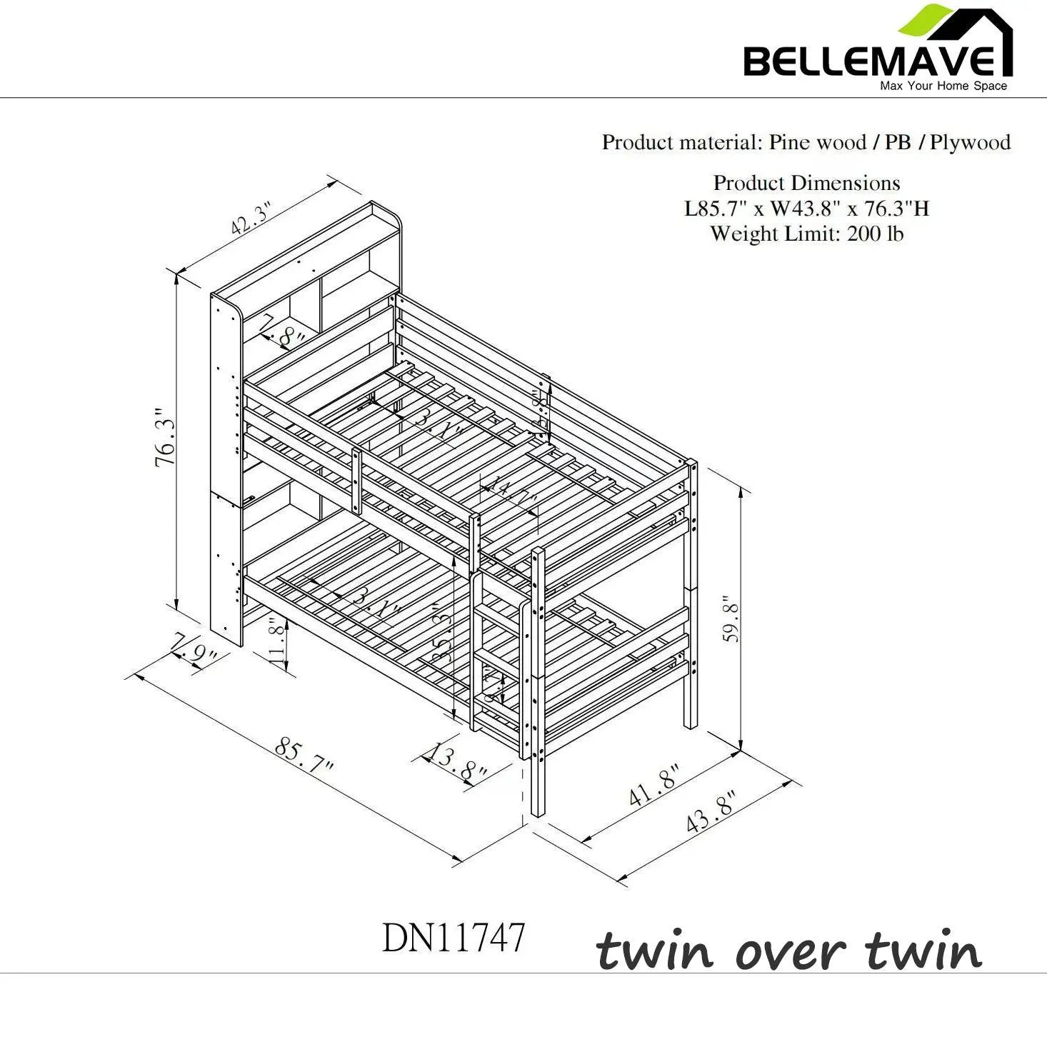 Bellemave Bunk Beds w/Bookcase Headboard - Bellemave