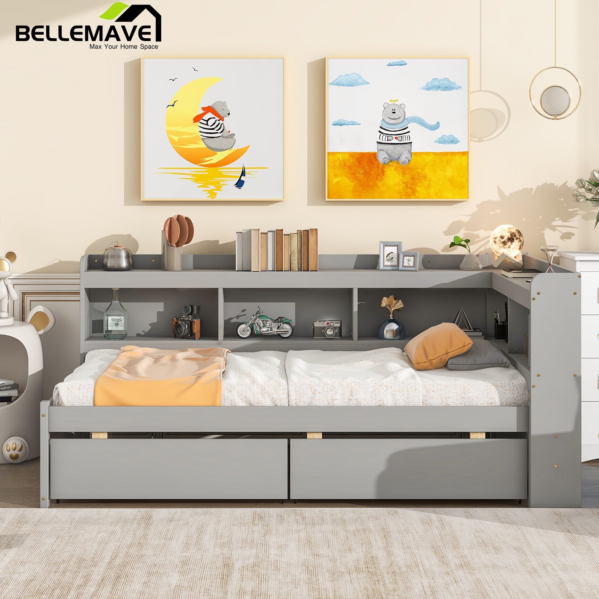 Bellemave Daybed with L-shaped Bookcases,Drawers - Bellemave