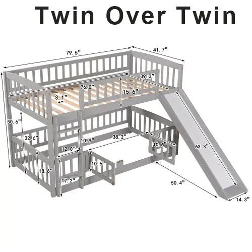 Bellemave® Floor Bunk Bed with Fence and Ladder - Bellemave