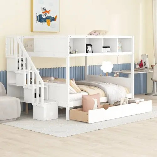 Bellemave Full over Full Bunk Bed with Shelfs, Storage Staircase and 2 Drawers - Bellemave