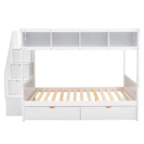 Bellemave Full over Full Bunk Bed with Shelfs, Storage Staircase and 2 Drawers - Bellemave