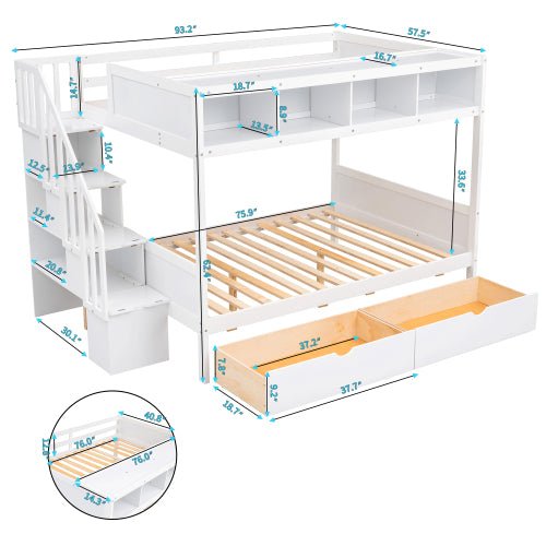 Bellemave Full over Full Bunk Bed with Shelfs, Storage Staircase and 2 Drawers - Bellemave