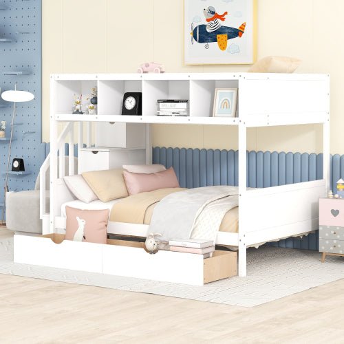 Bellemave Full over Full Bunk Bed with Shelfs, Storage Staircase and 2 Drawers - Bellemave