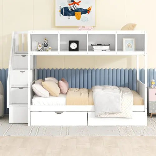 Bellemave Full over Full Bunk Bed with Shelfs, Storage Staircase and 2 Drawers - Bellemave