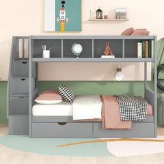 Bellemave Full over Full Bunk Bed with Shelfs, Storage Staircase and 2 Drawers - Bellemave