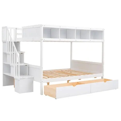 Bellemave Full over Full Bunk Bed with Shelfs, Storage Staircase and 2 Drawers - Bellemave