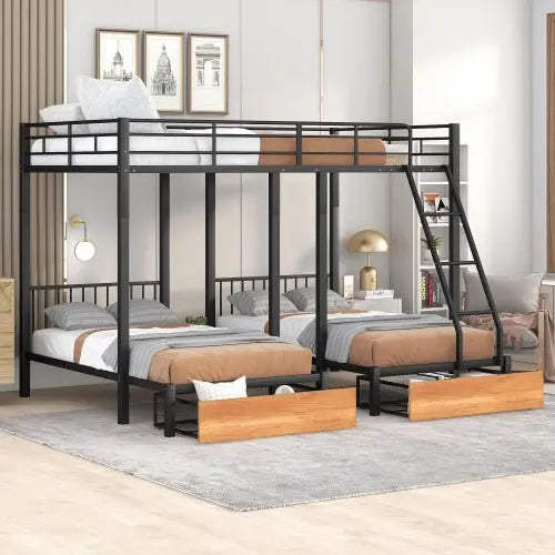 Bellemave Full Over Twin & Twin Bunk Bed, Metal Triple Bunk Bed with Drawers and Guardrails - Bellemave