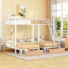 Bellemave Full Over Twin & Twin Bunk Bed, Metal Triple Bunk Bed with Drawers and Guardrails - Bellemave