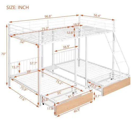 Bellemave Full Over Twin & Twin Bunk Bed, Metal Triple Bunk Bed with Drawers and Guardrails - Bellemave