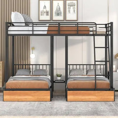 Bellemave Full Over Twin & Twin Bunk Bed, Metal Triple Bunk Bed with Drawers and Guardrails - Bellemave