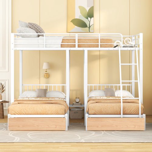Bellemave Full Over Twin & Twin Bunk Bed, Metal Triple Bunk Bed with Drawers and Guardrails - Bellemave