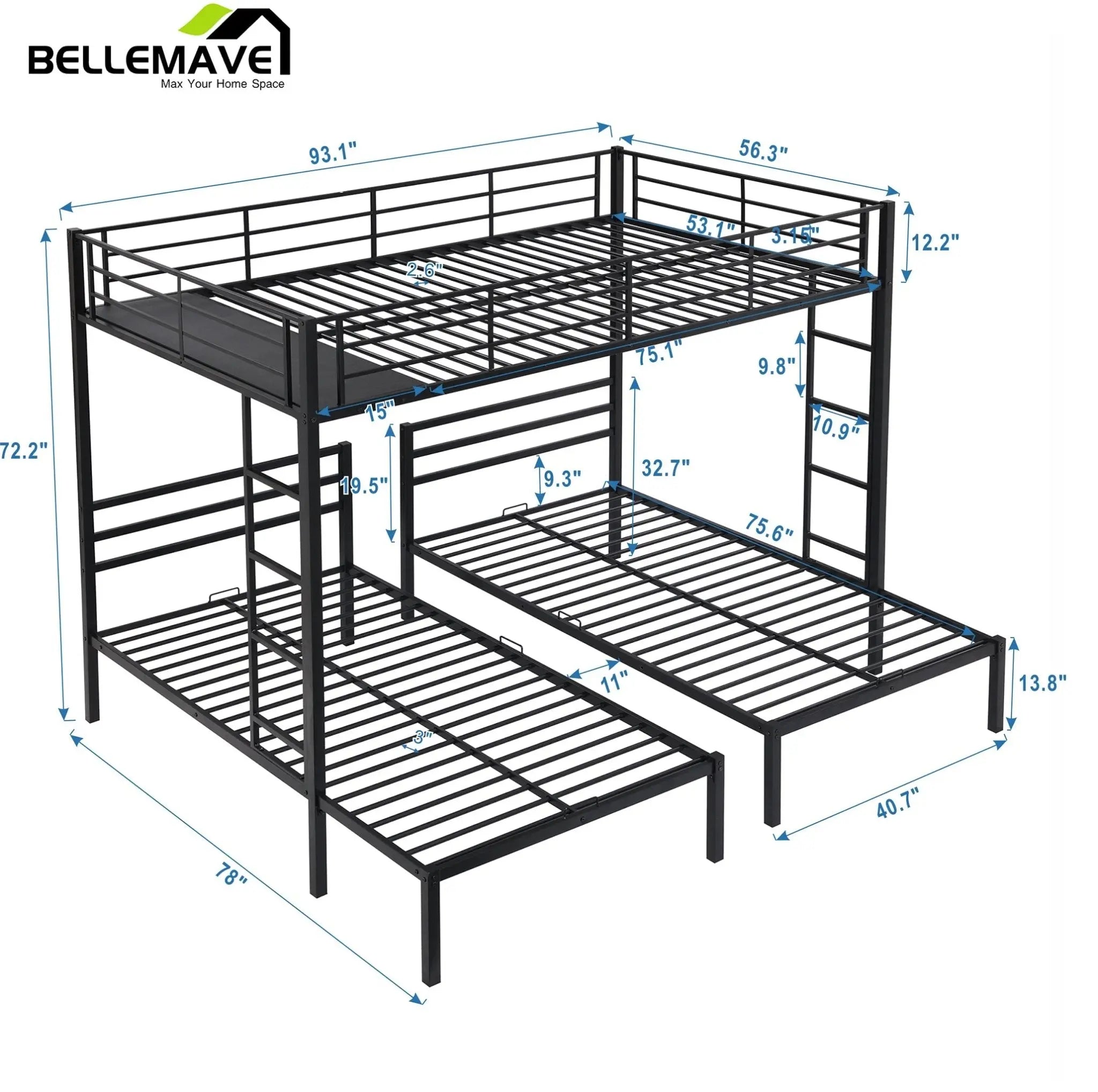 Bellemave® Full over Twin & Twin Metal Triple Bunk Bed - Bellemave