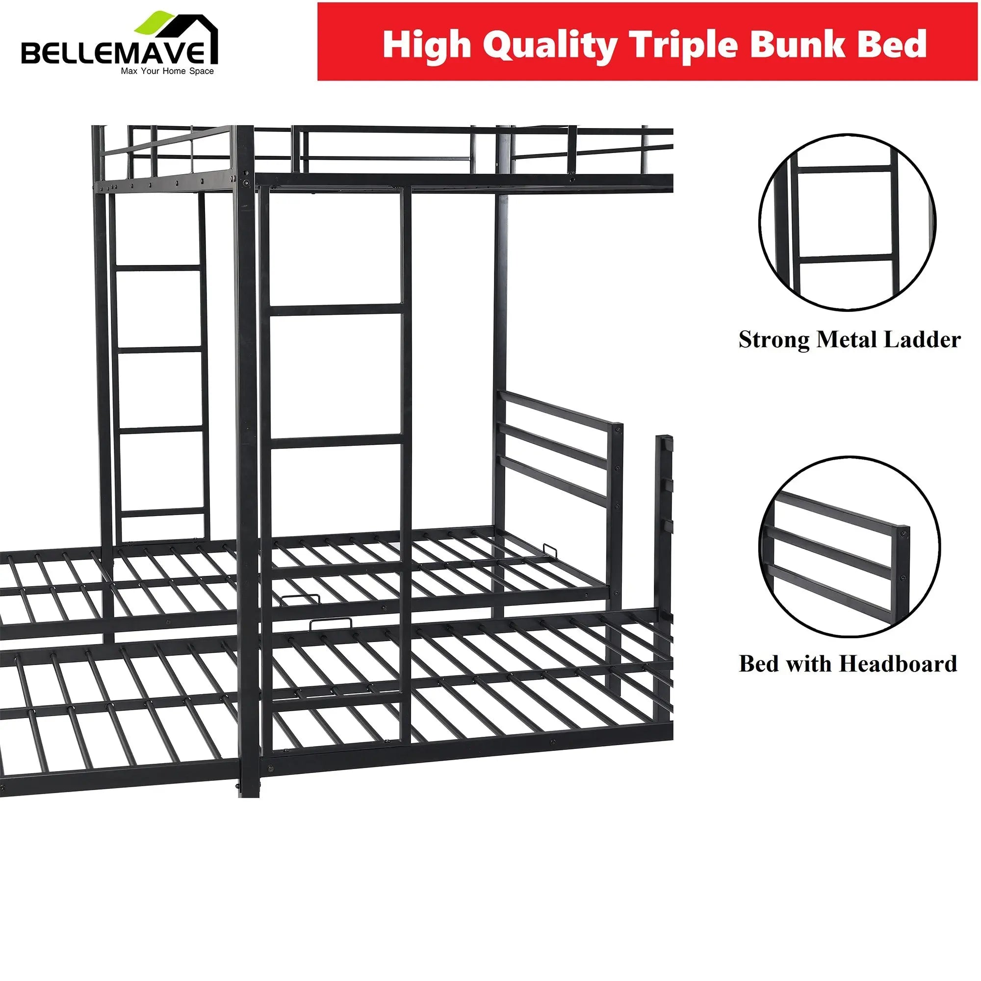 Bellemave® Full over Twin & Twin Metal Triple Bunk Bed - Bellemave