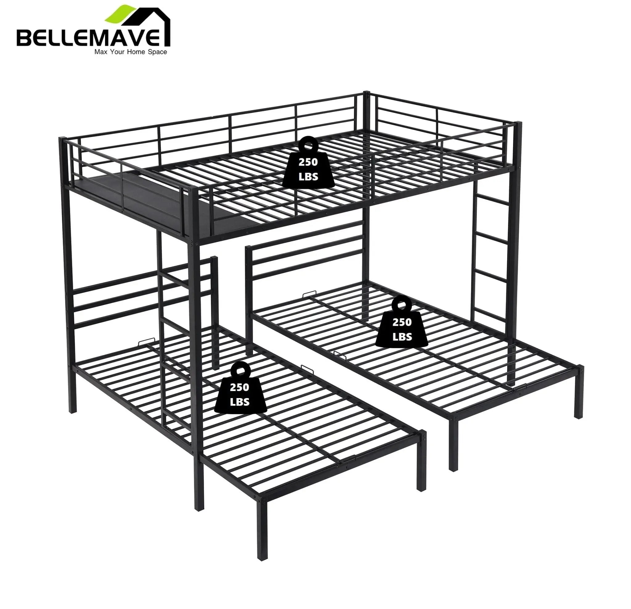 Bellemave® Full over Twin & Twin Metal Triple Bunk Bed - Bellemave