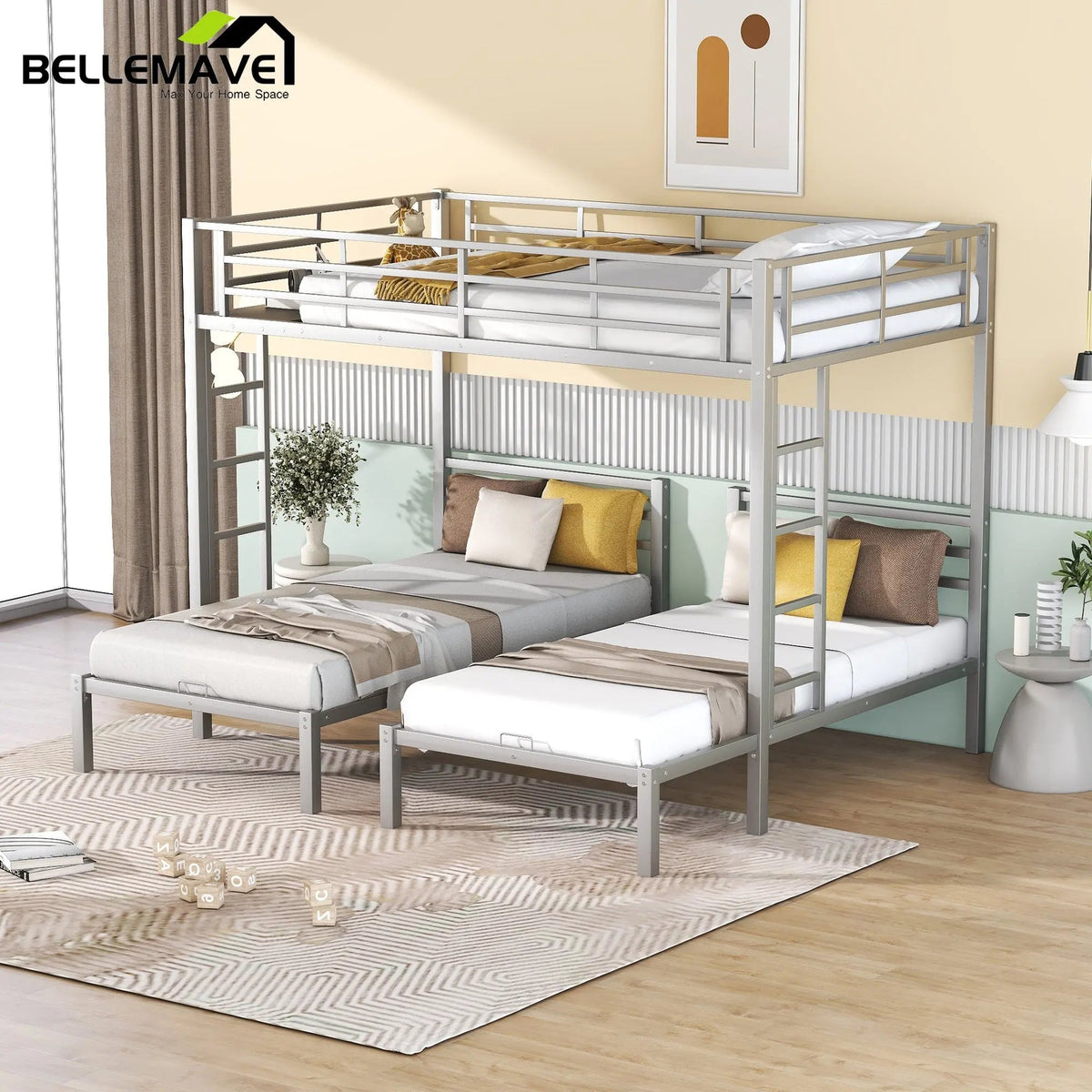 Bellemave® Full over Twin & Twin Metal Triple Bunk Bed - Bellemave