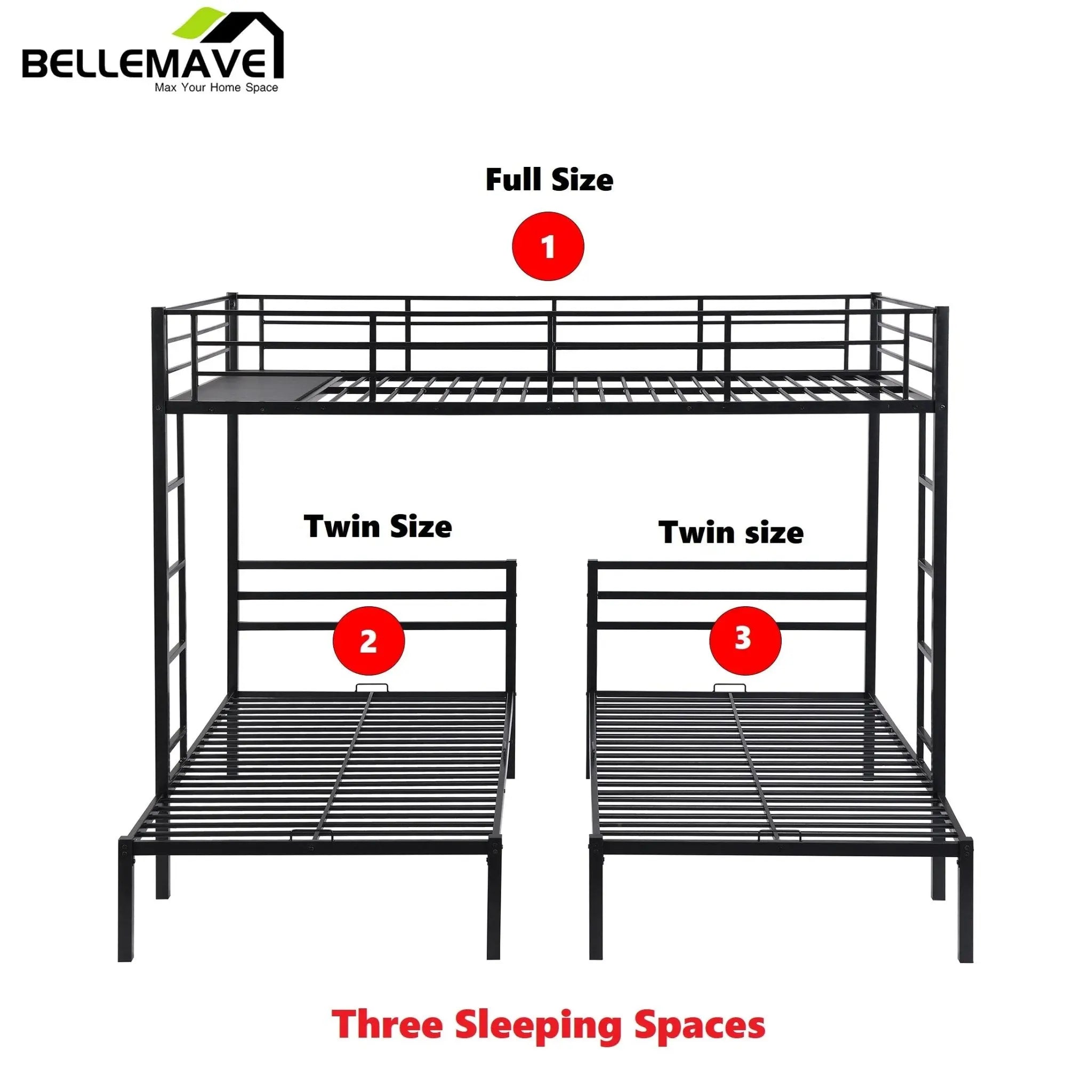 Bellemave® Full over Twin & Twin Metal Triple Bunk Bed - Bellemave