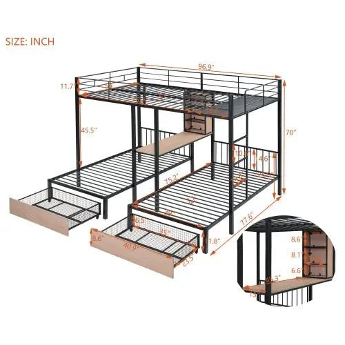 Bellemave® Full Over Twin & Twin Metal Triple Bunk Bed with 2 Drawers - Bellemave