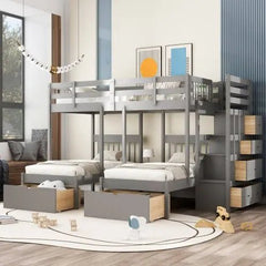 Bellemave® Full over Twin & Twin Triple Bunk Bed with 2 Drawers and Guardrails - Bellemave
