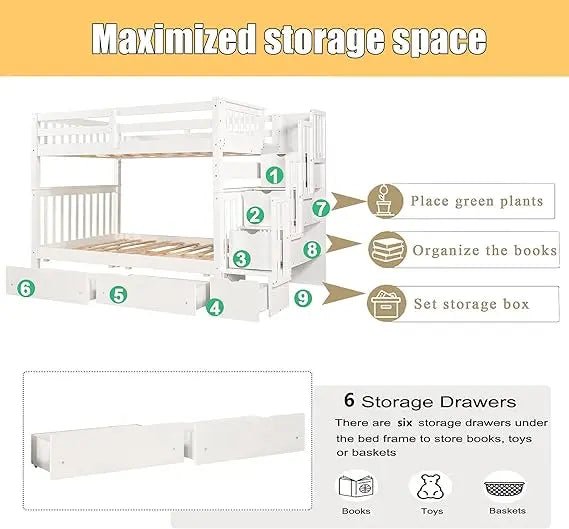 Bellemave® Full Size Bunk Bed with Shelves and 6 Storage Drawers - Bellemave